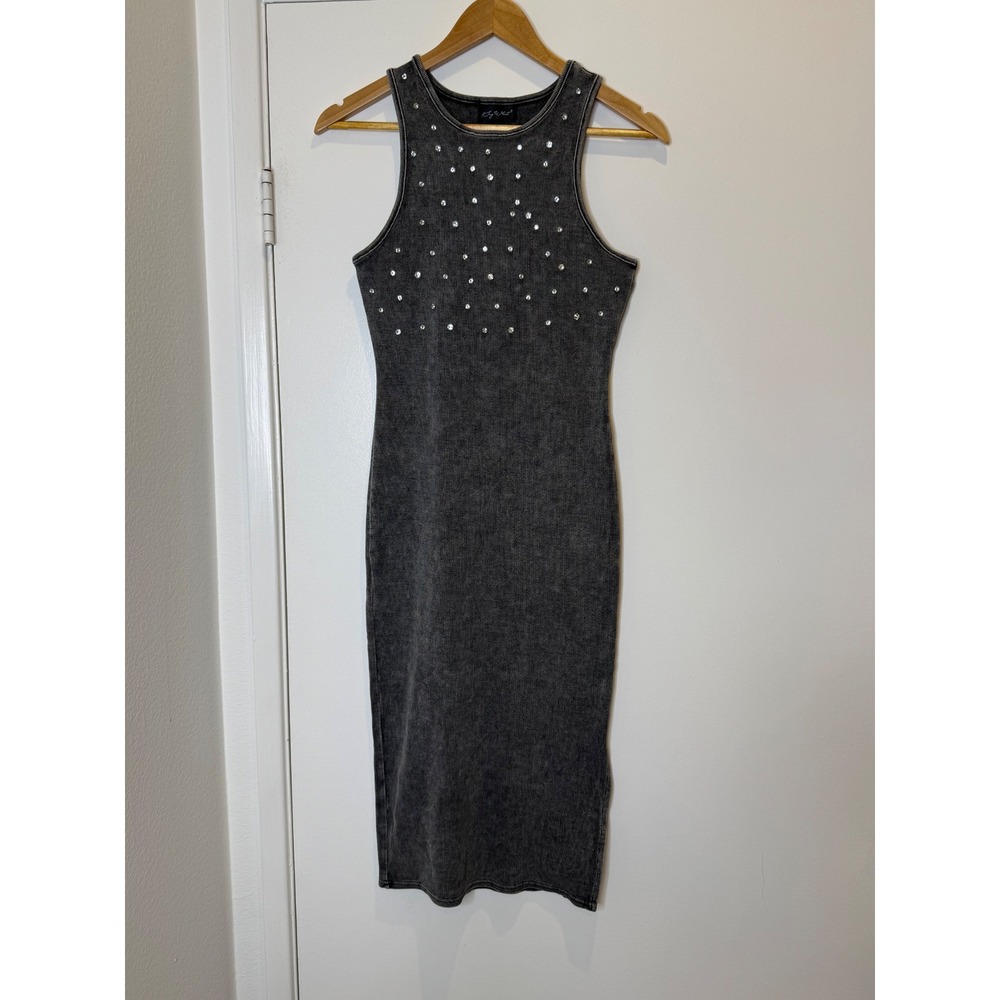 Say What Women M Gray Acid Wash Rhinestone Ribbed Bodycon Midi Dress Coquette